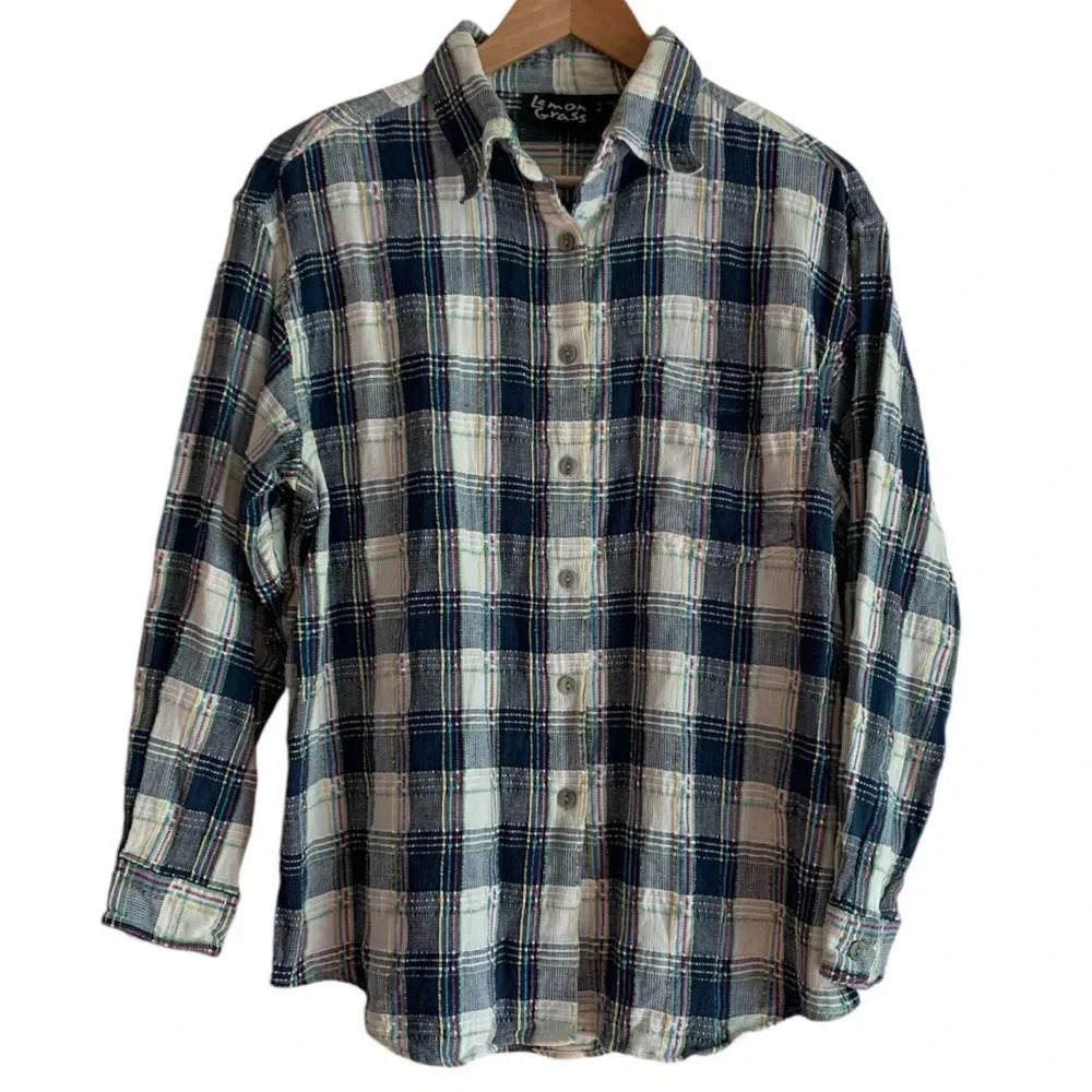 Cottagecore Lemon Grass Women's Textured Button Down Shirt Large Blue Pink Plaid